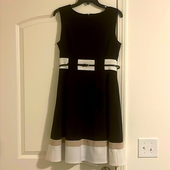 Calvin Klein Sleeveless Belted Lined Fit & Flare Striped Dress Size 8 - Picture 1 of 5